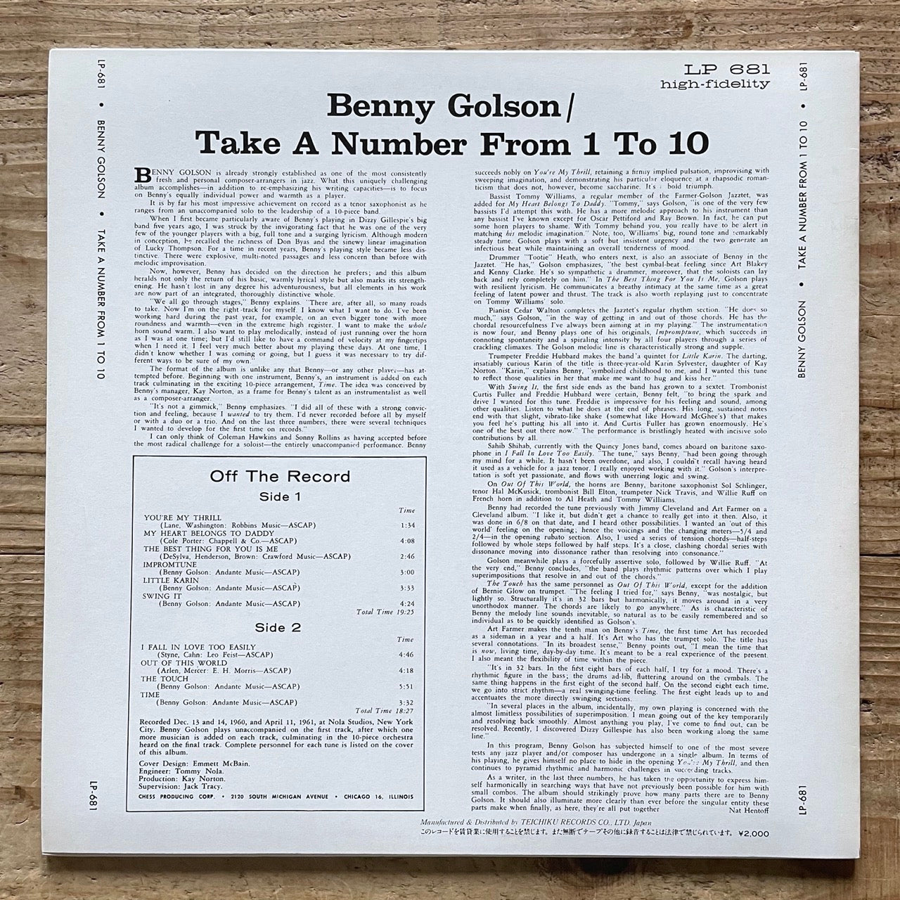 BENNY GOLSON / TAKE A NUMBER FROM 1 TO 10 on Argo - Japan LP NM UPS-2238-BC
