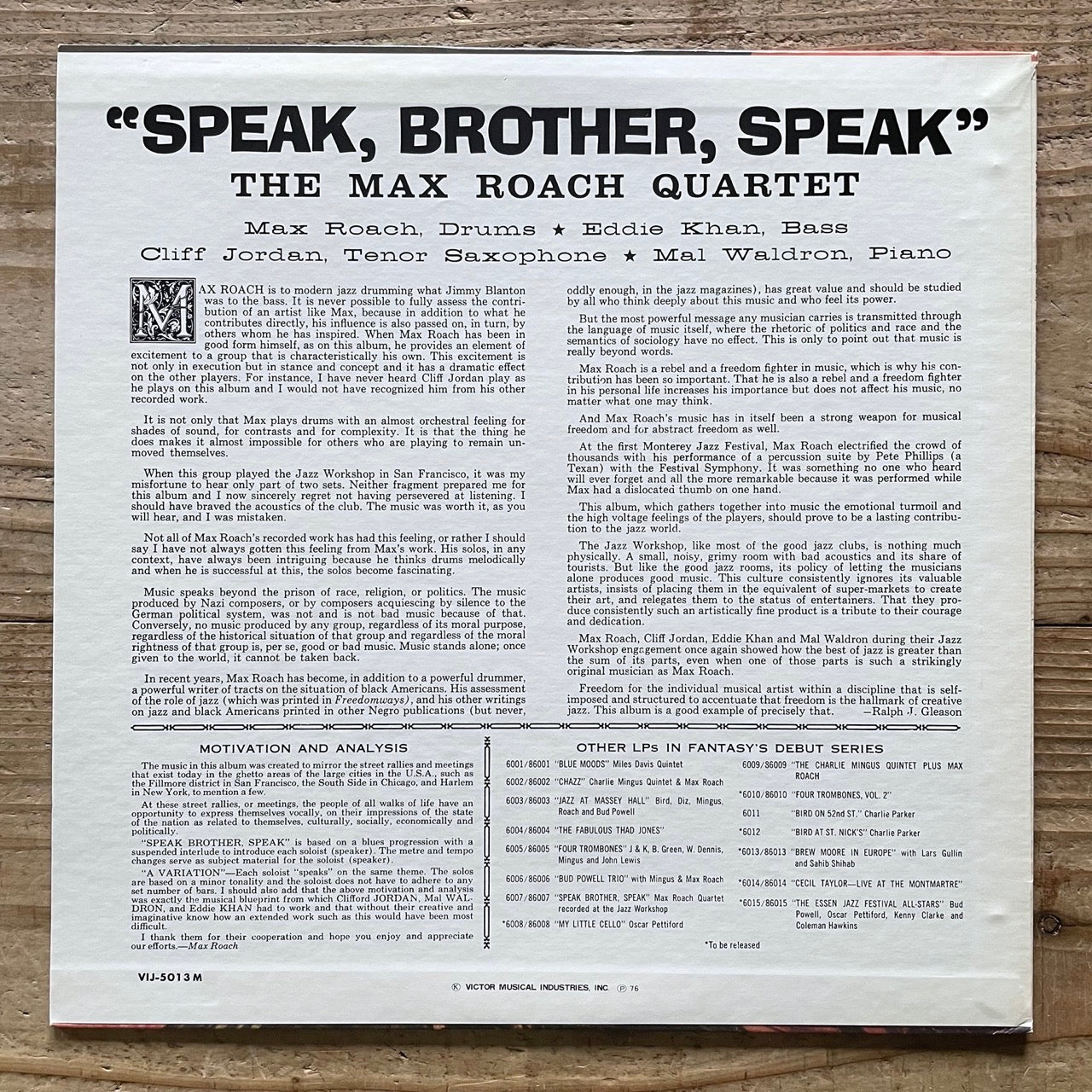 MAX ROACH / SPEAK, BROTHER, SPEAK - Japan Debut LP Clifford Jordan Mal Waldron VIJ-5013