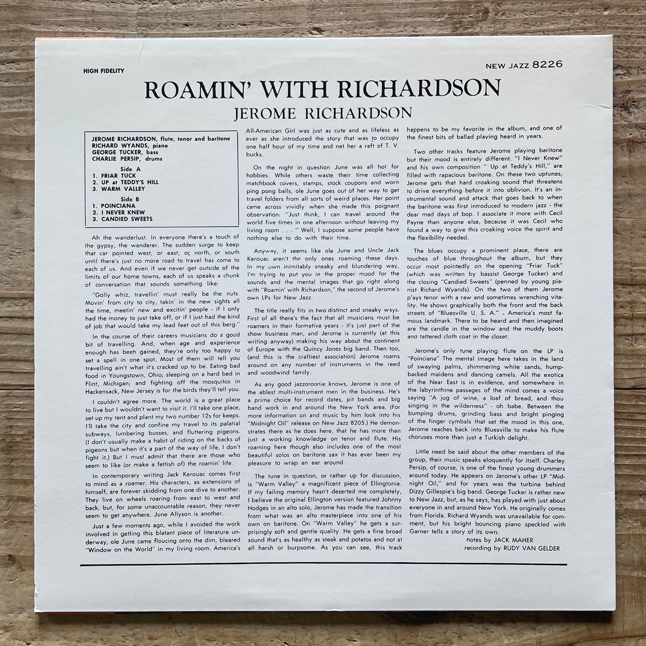 JEROME RICHARDSON / ROAMIN' WITH RICHARDSON on New Jazz - Japan LP NM WWLJ-7027