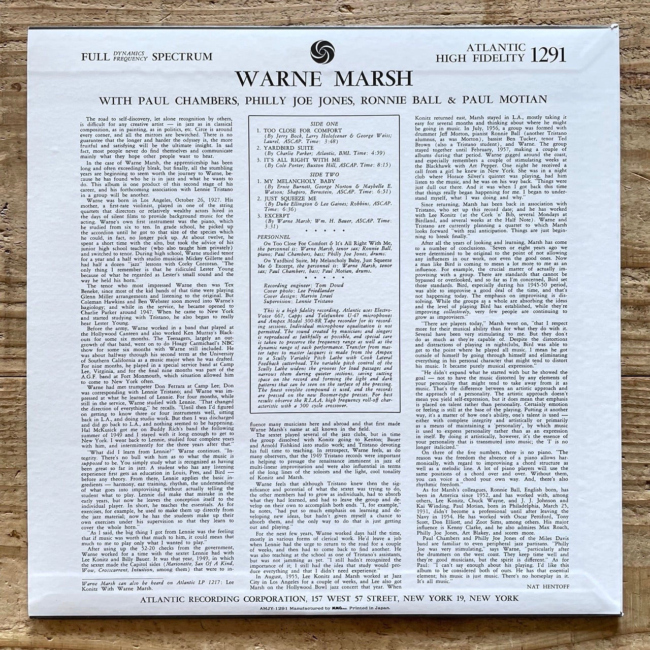 WARNE MARSH on Atlantic - Japan LP NM AMJY-1291