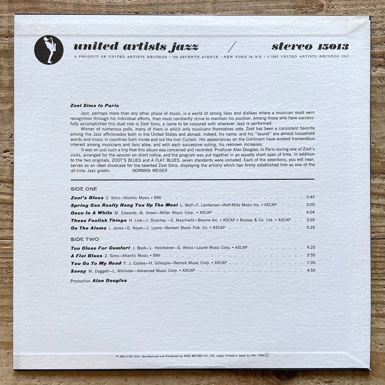 ZOOT SIMS in PARIS on United Artists - Japan King LP NM K18P-9224
