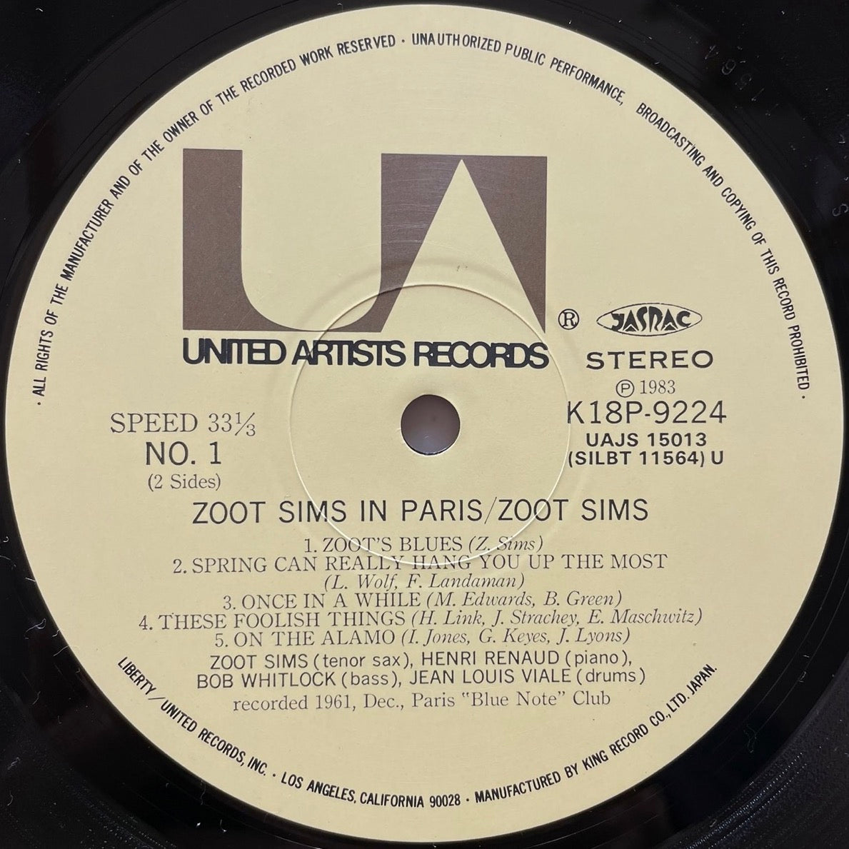 ZOOT SIMS in PARIS on United Artists - Japan King LP NM K18P-9224