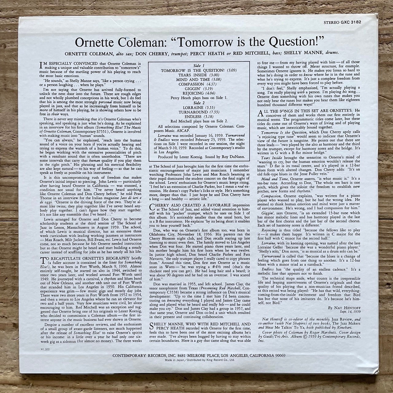 ORNETTE COLEMAN / TOMORROW IS THE QUESTION - Japan Contemporary LP GXC-3182