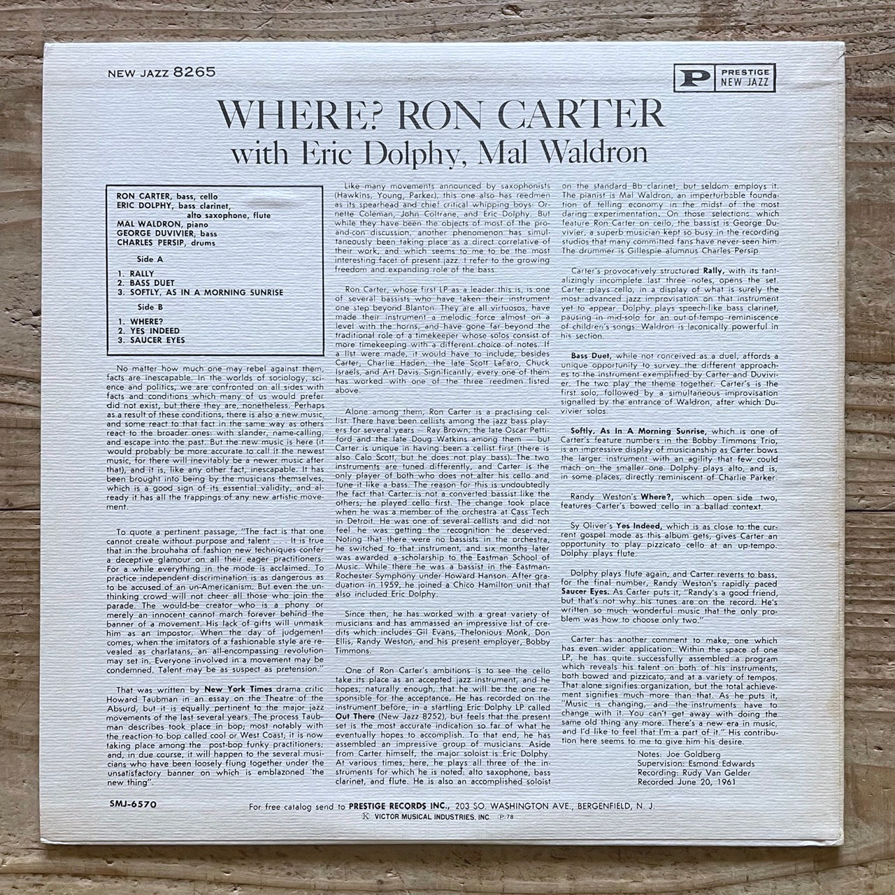 RON CARTER / WHERE? w/Eric Dolphy, Mal Waldron on New Jazz - Japan Promo LP SMJ-6570