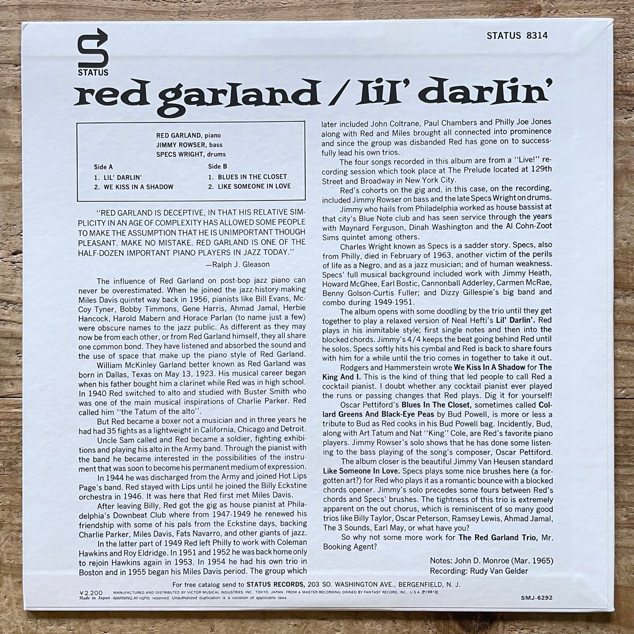 RED GARLAND / LIL' DARLIN' on Status - Japan Prestige MONO LP SMJ-6292