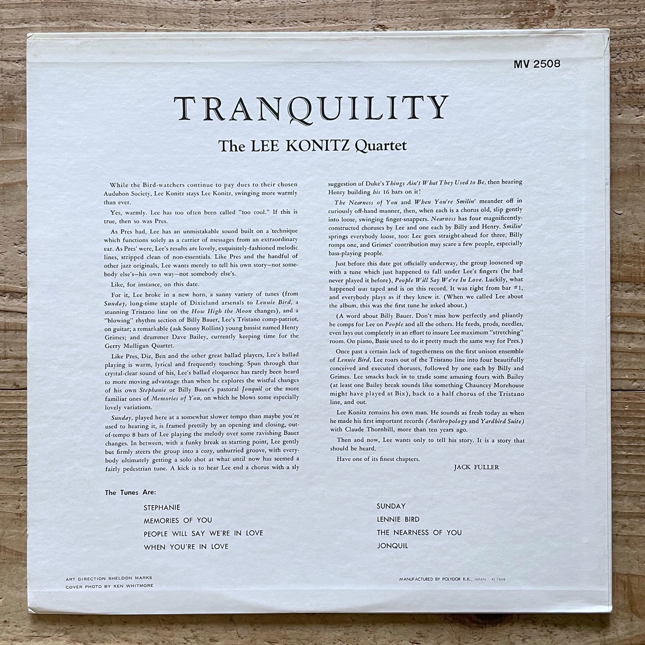 LEE KONITZ QUARTET / TRANQUILITY on Verve - Japan LP MV-2508