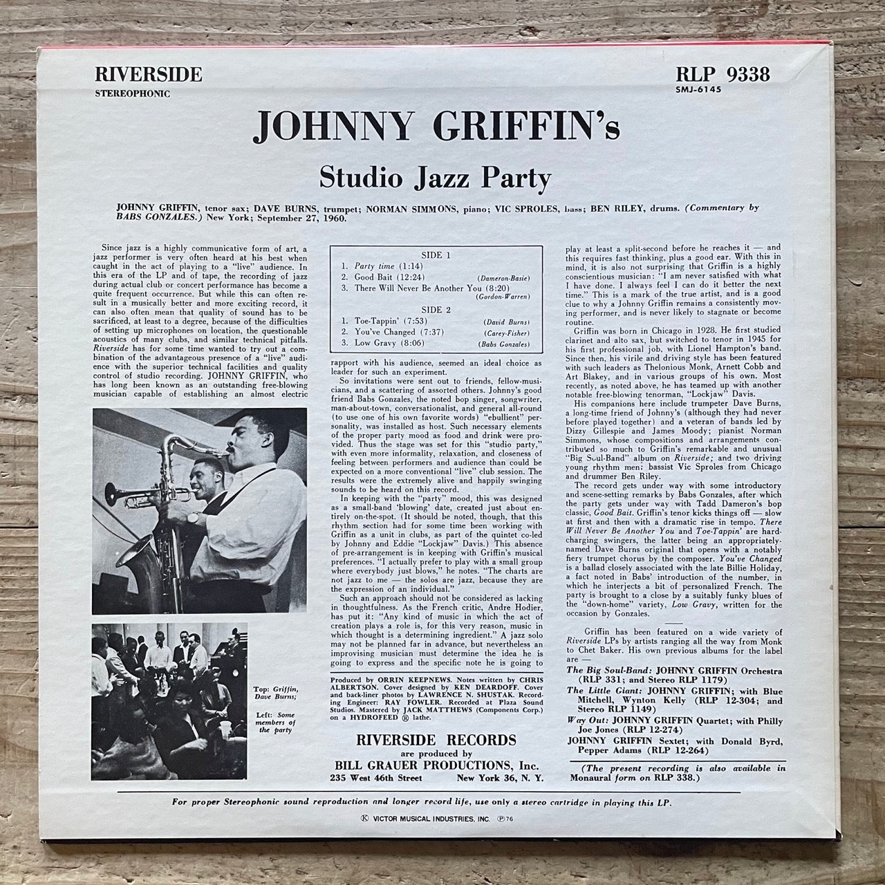 JOHNNY GRIFFIN / STUDIO JAZZ PARTY on Riverside - Japan LP SMJ-6145