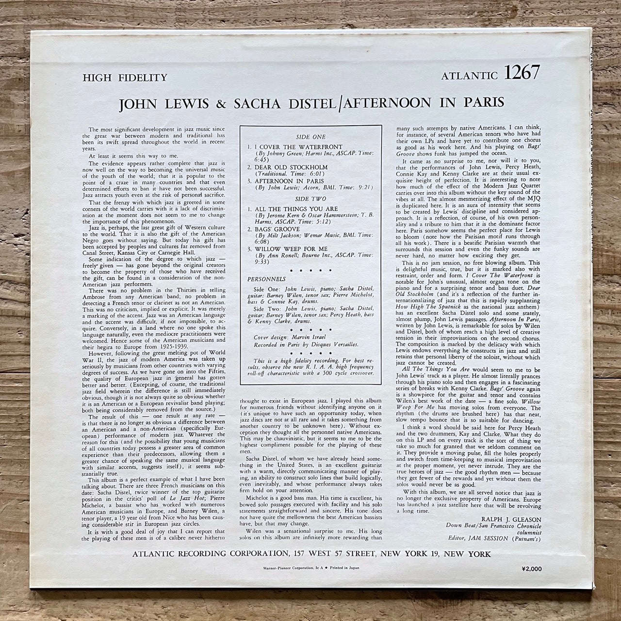 JOHN LEWIS & SACHA DISTEL with BARNEY WILEN / AFTERNOON IN PARIS on Atlantic - Japan LP P-6120A