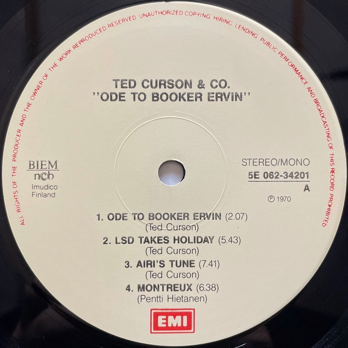 TED CURSON & CO. / ODE TO BOOKER ERVIN - Finnish Jazz LP reissue Eero Koivistoinen