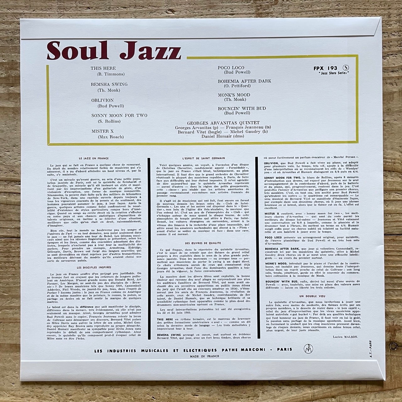 GEORGES ARVANITAS QUINTET / SOUL JAZZ on French Columbia - Heavy Vinyl reissue LP NM