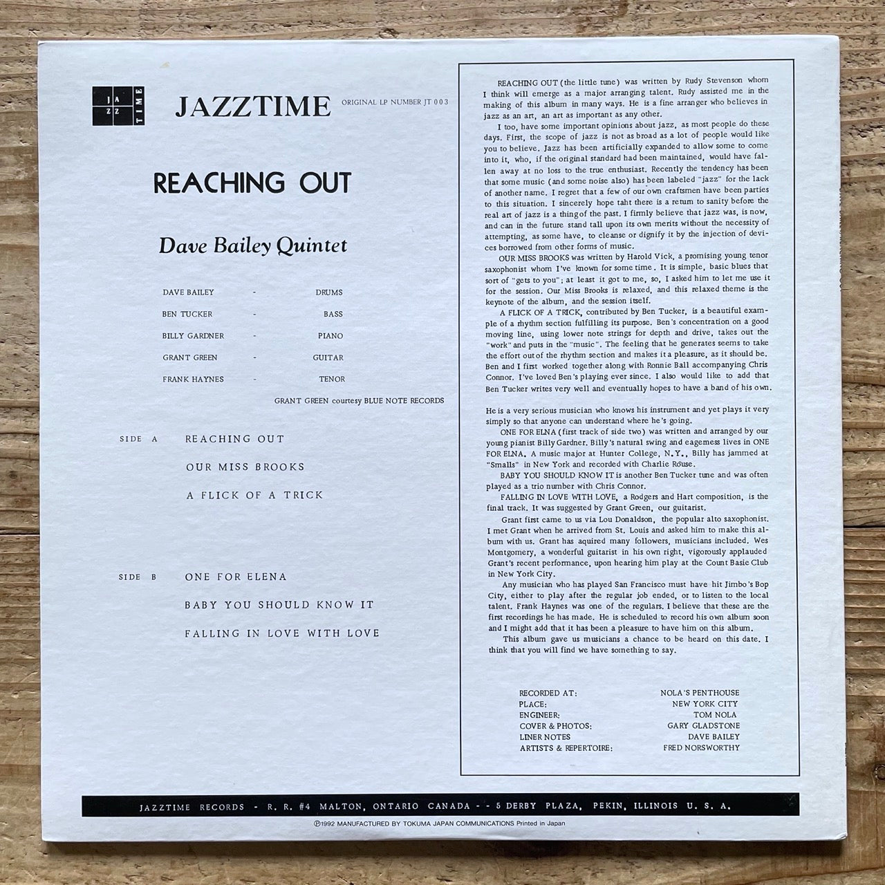 DAVE BAILEY QUINTET / REACHING OUT on Jazztime - Japan LP NLP2005