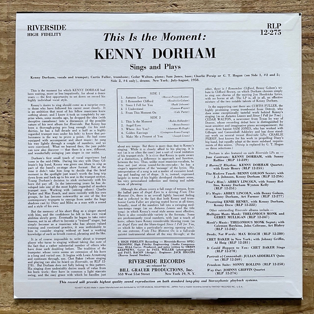 KENNY DORHAM / THIS IS THE MOMENT on Riverside - Japan LP NM VIJ-4077