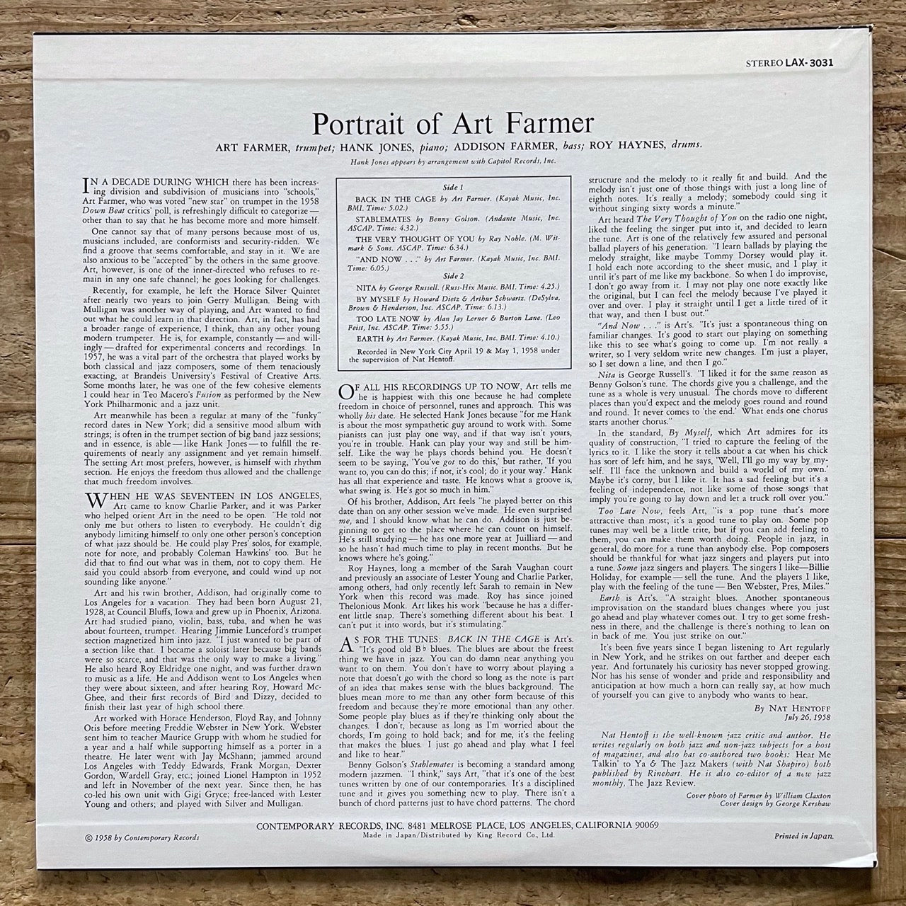 ART FARMER / PORTRAIT OF on Contemporary - Japan King LP LAX-3031