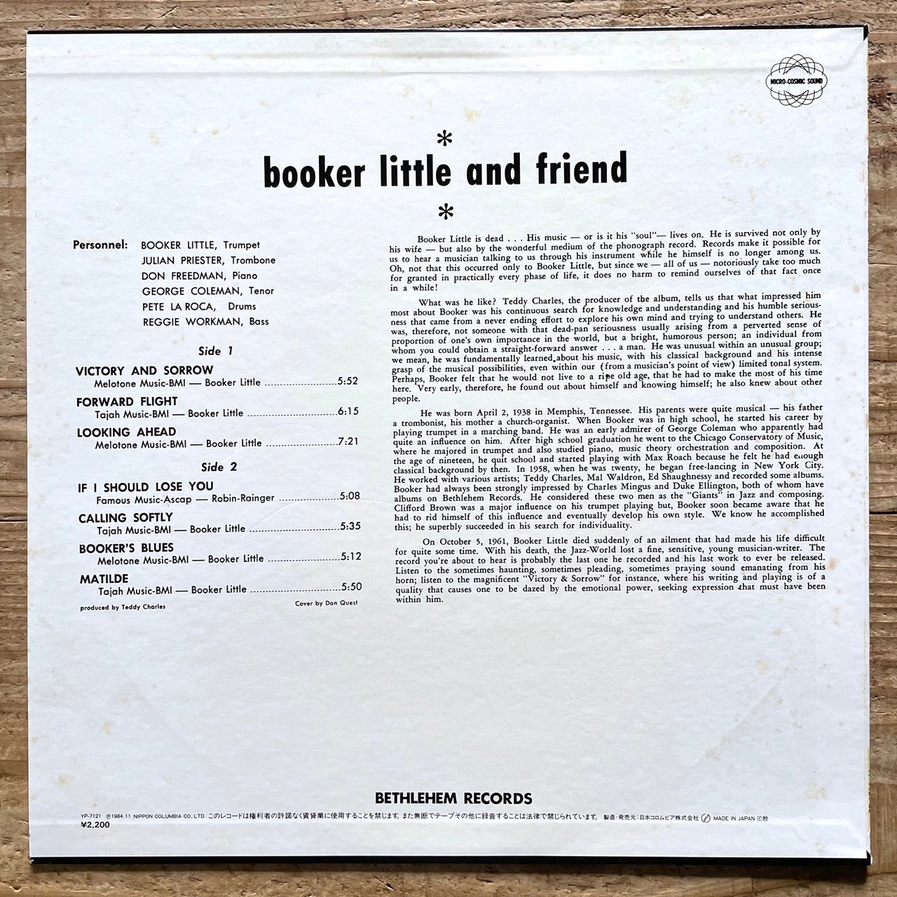 BOOKER LITTLE AND FRIEND on Bethlehem - Japan LP YP-7121-BE