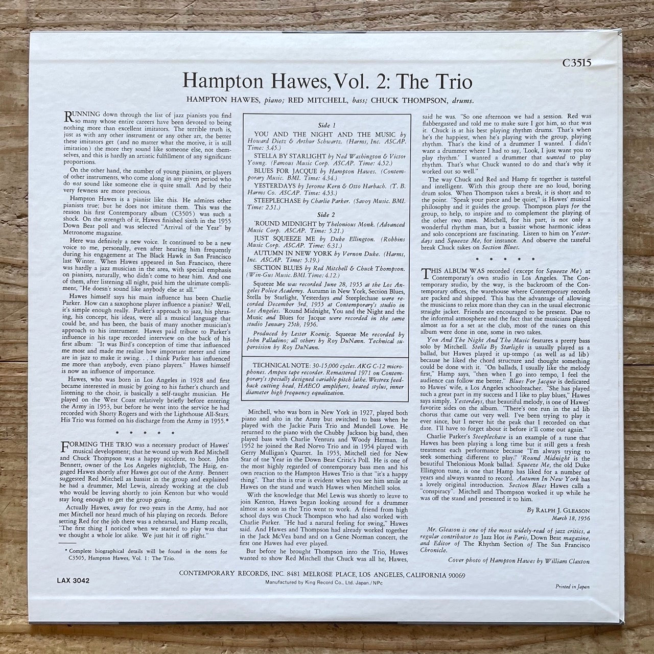 HAMPTON HAWES / THE TRIO: VOL.2 on Contemporary - Japan LP LAX-3042