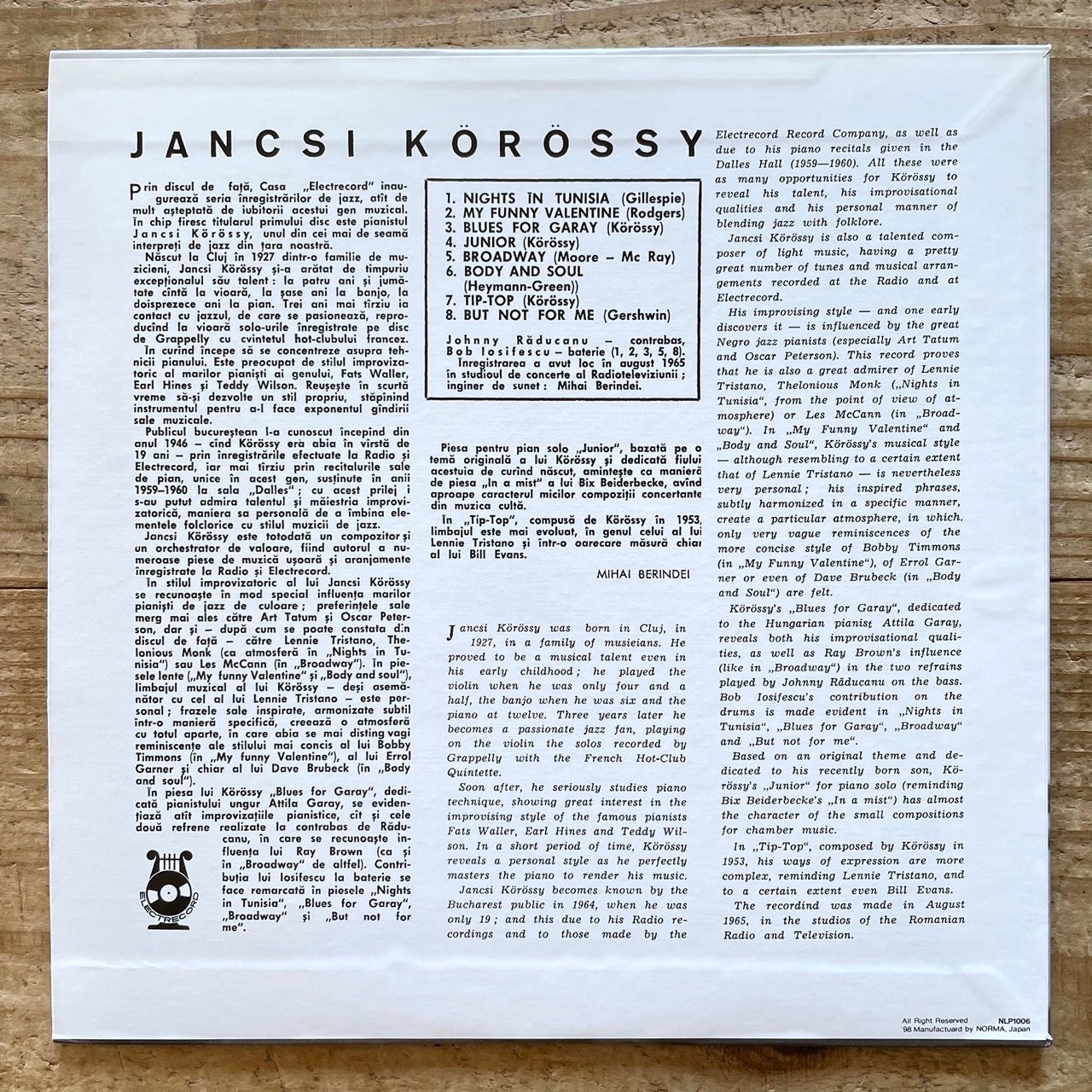 JANCSI KOROSSY / SERIA JAZZ NR.1 (10") on Electrecord - Japan 10inch NM
