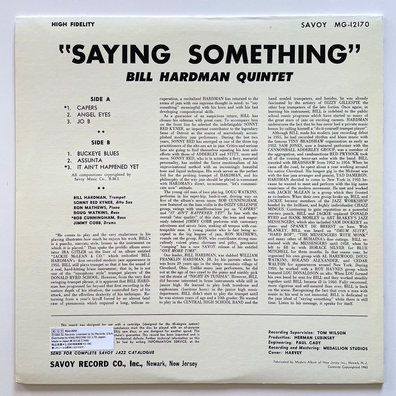 BILL HARDMAN QUINTET / SAYING SOMETHING - Japan Savoy MONO LP NM KIJJ-2012