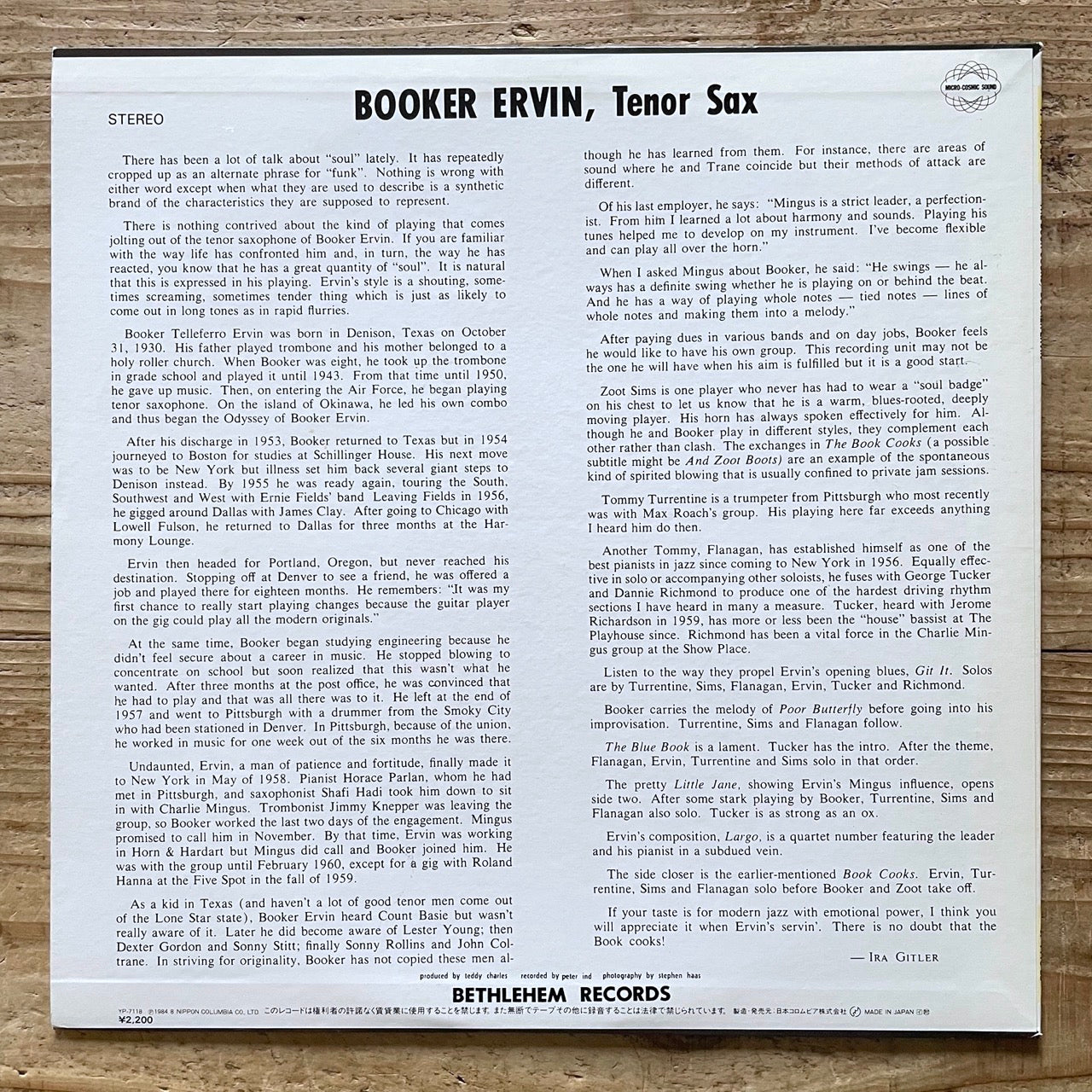 BOOKER ERVIN / BOOK COOKS on Bethlehem - Japan LP YP-7118-BE