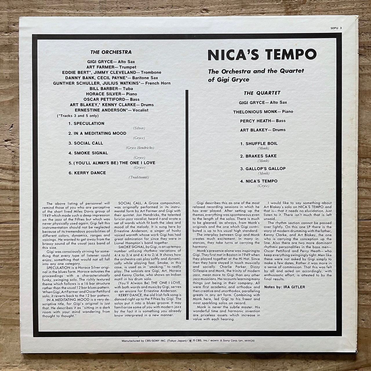 GIGI GRYCE / NICA'S TEMPO on Savoy - Japan CBS/SONY LP NM SOPU-3-SY obi