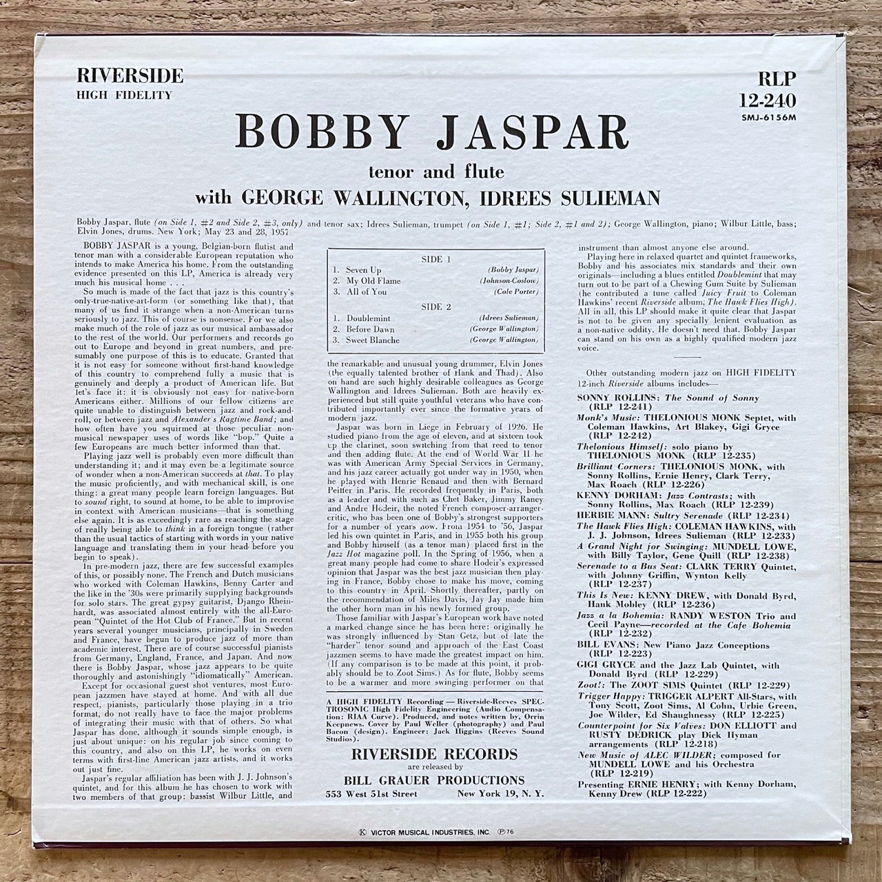 BOBBY JASPAR / TENOR AND FLUTE - Japan Riverside MONO LP SMJ-6156