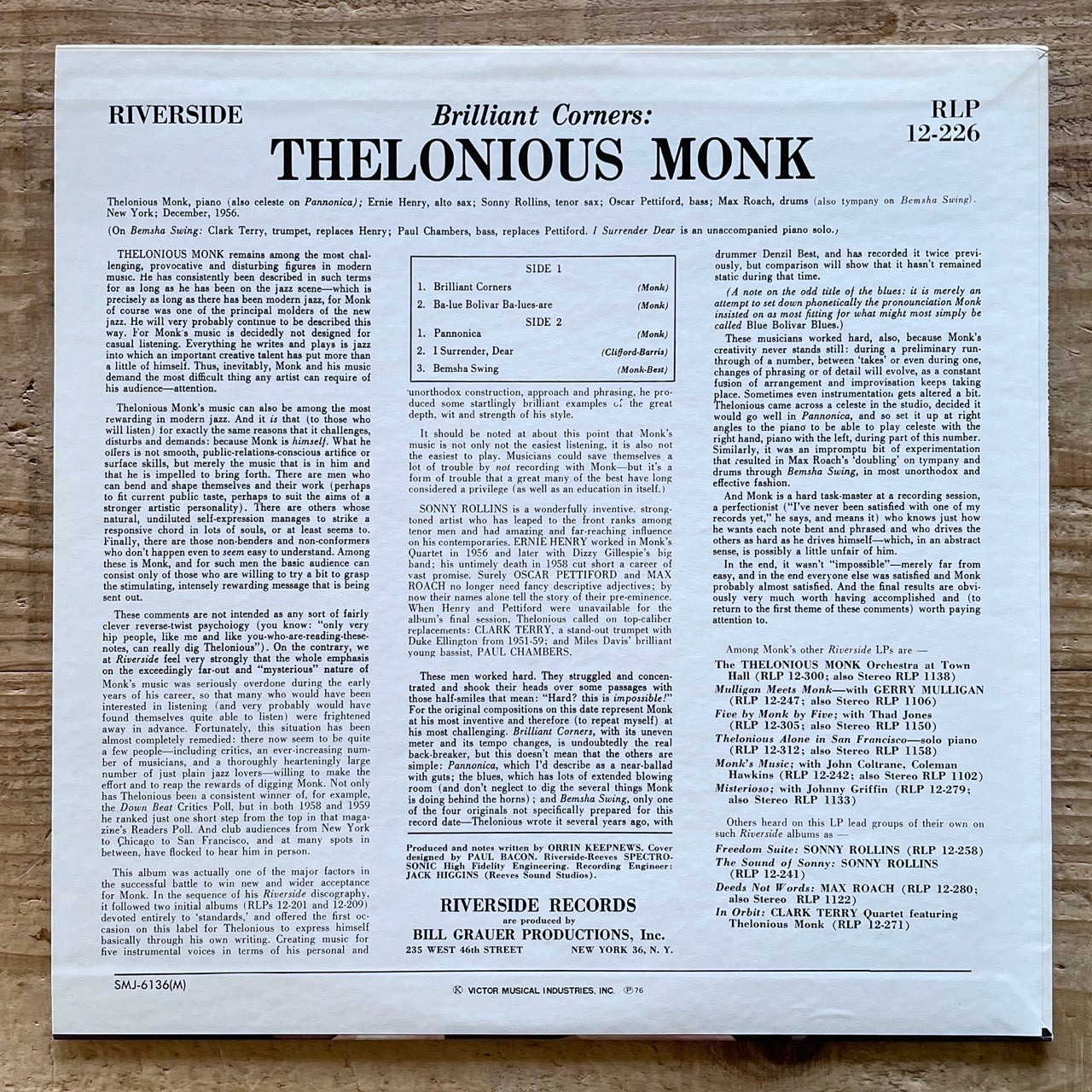 THELONIOUS MONK / BRILLIANT CORNERS - Japan Riverside LP NM SMJ-6136