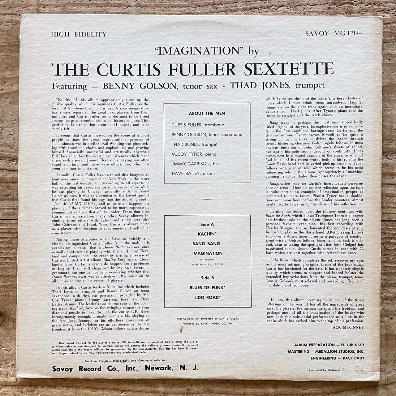 CURTIS FULLER SEXTETTE / IMAGINATION - US Savoy Maroon RVG LP MG-12144