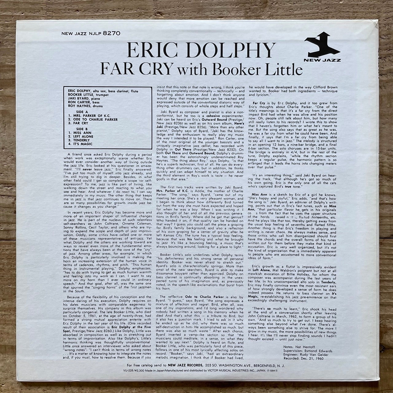 ERIC DOLPHY / FAR CRY with BOOKER LITTLE on New Jazz - Japan LP VIJ-228