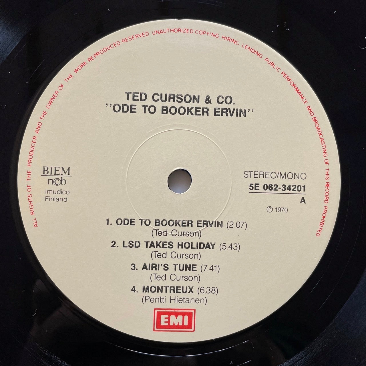 TED CURSON & CO. / ODE TO BOOKER ERVIN - Finnish Jazz LP reissue Eero Koivistoinen