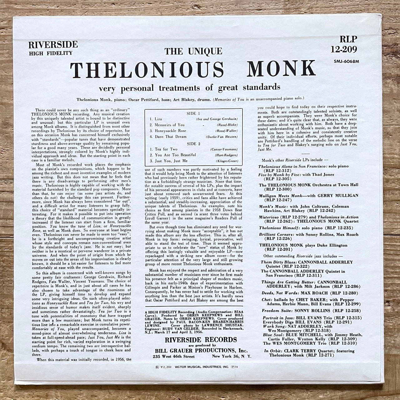 THELONIOUS MONK / THE UNIQUE on Riverside - Japan MONO LP NM SMJ-6068