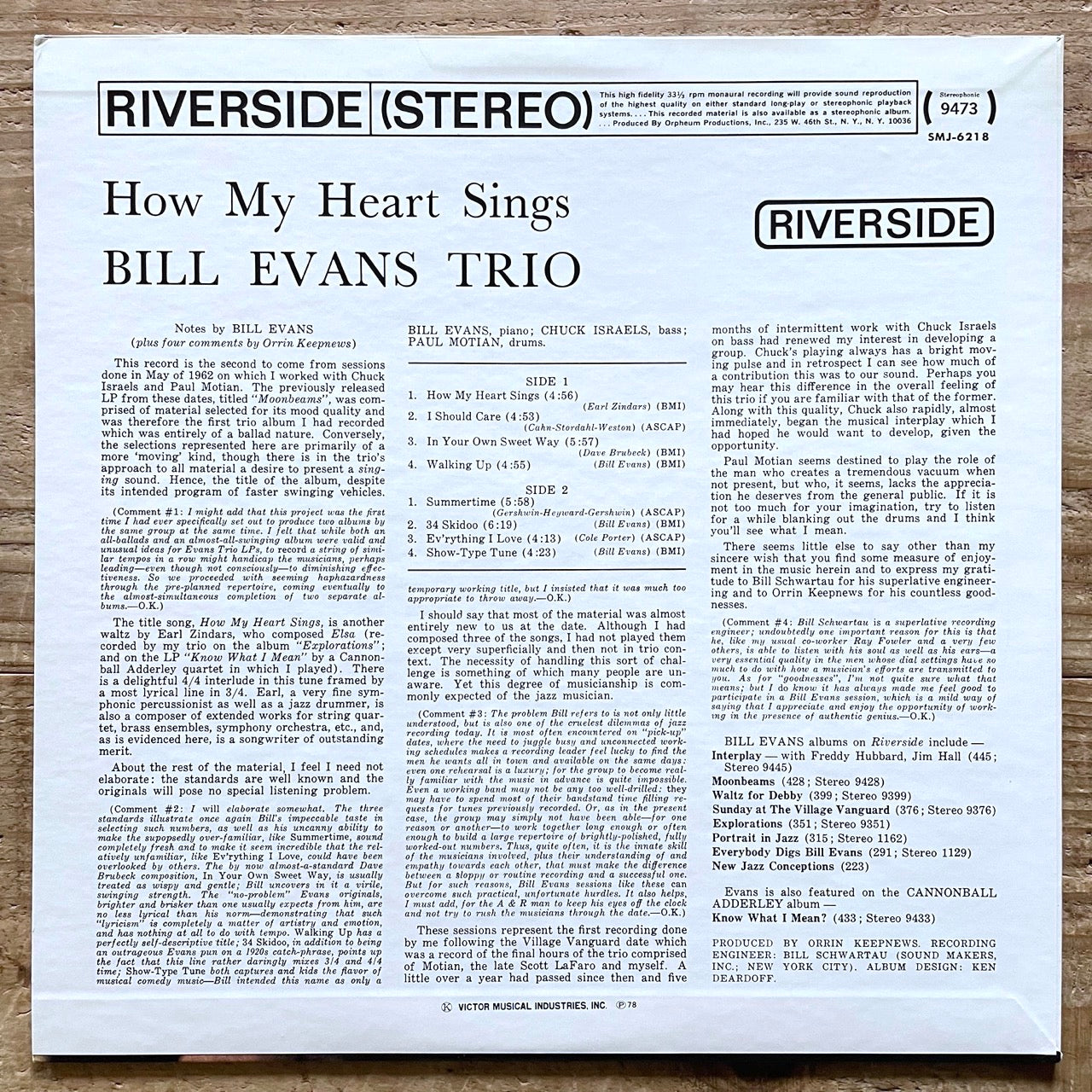 BILL EVANS TRIO / HOW MY HEART SINGS! on Riverside - Japan LP NM SMJ-6218