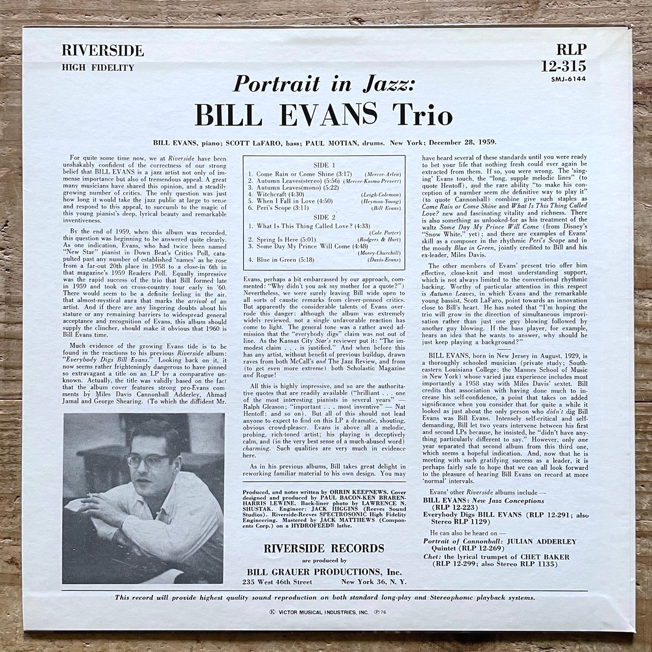 BILL EVANS TRIO / PORTRAIT IN JAZZ on Riverside - Japan LP NM SMJ-6144