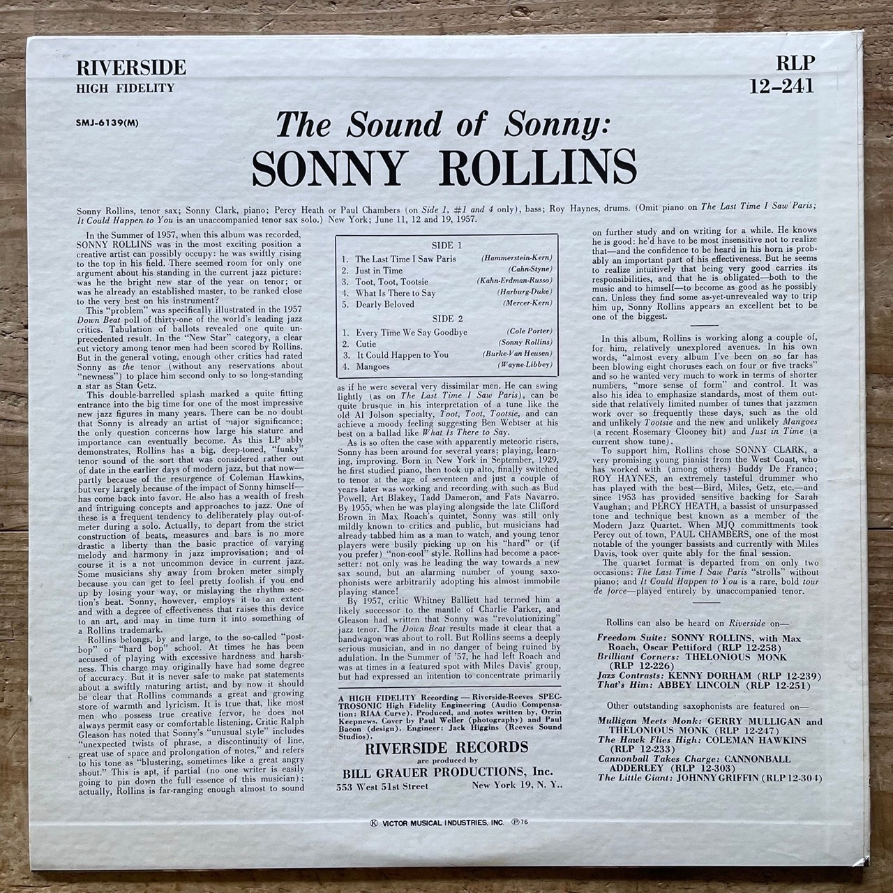 SONNY ROLLINS / THE SOUND OF SONNY on Riverside - Japan PROMO LP SMJ-6139