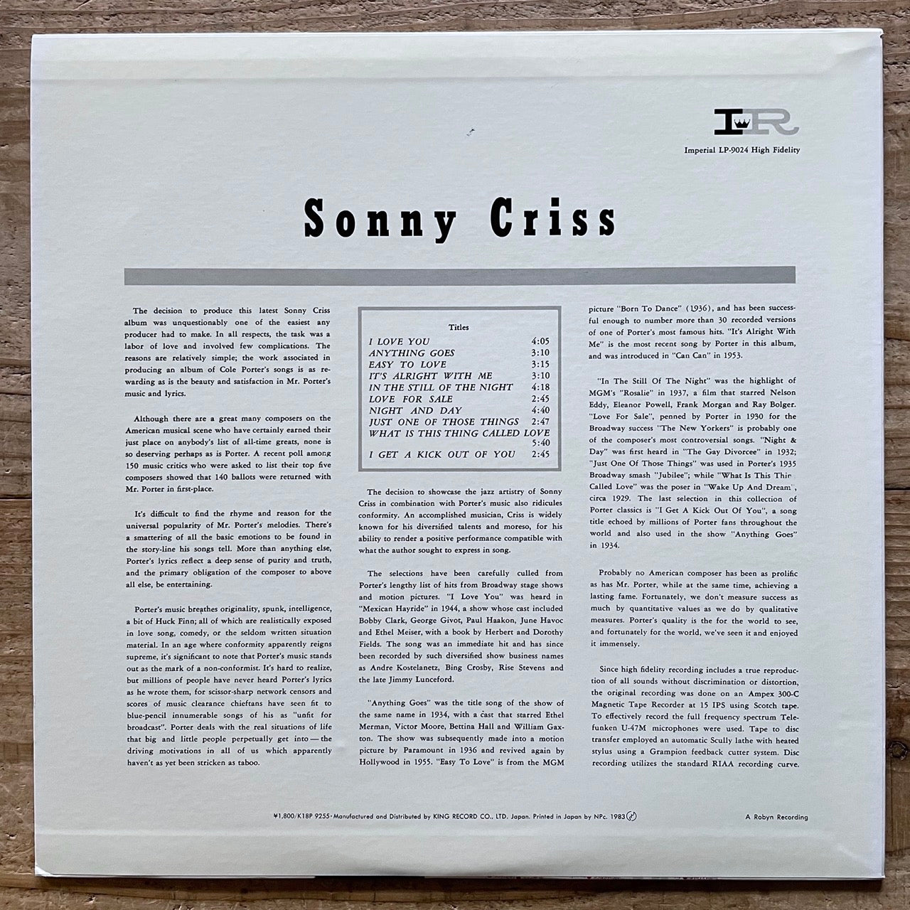 SONNY CRISS PLAYS COLE PORTER on Imperial - Japan King MONO LP K18P-9255