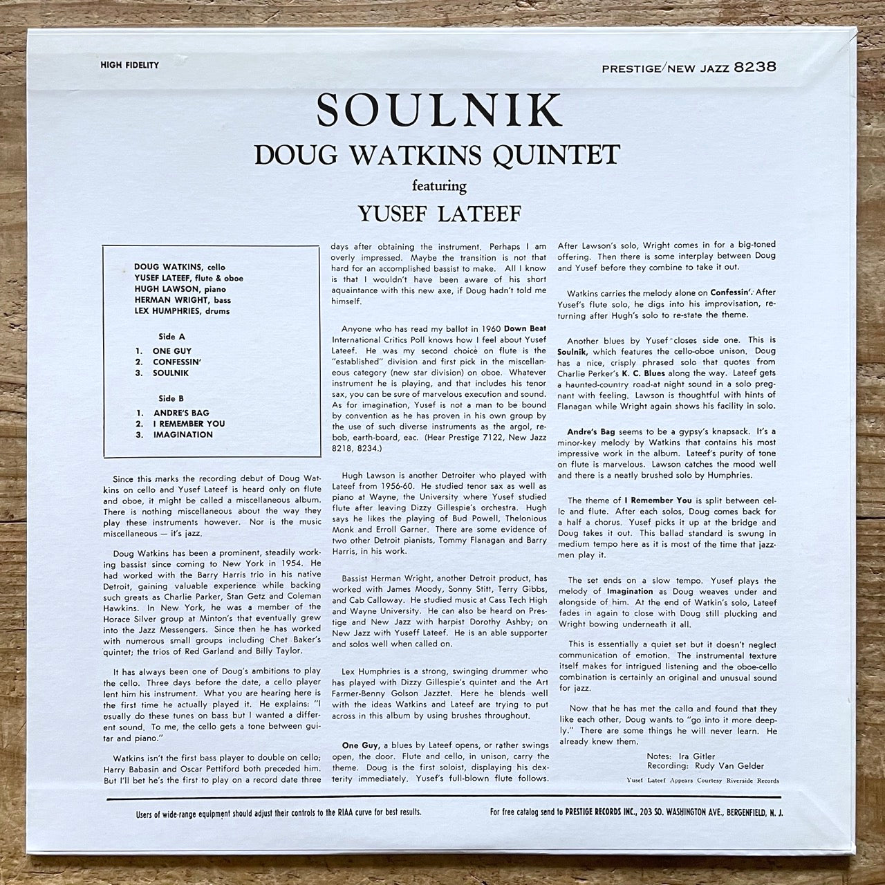 DOUG WATKINS QUINTET feat. YUSEF LATEEF / SOULNIK on New Jazz - Japan LP NM  VIJJ-30075