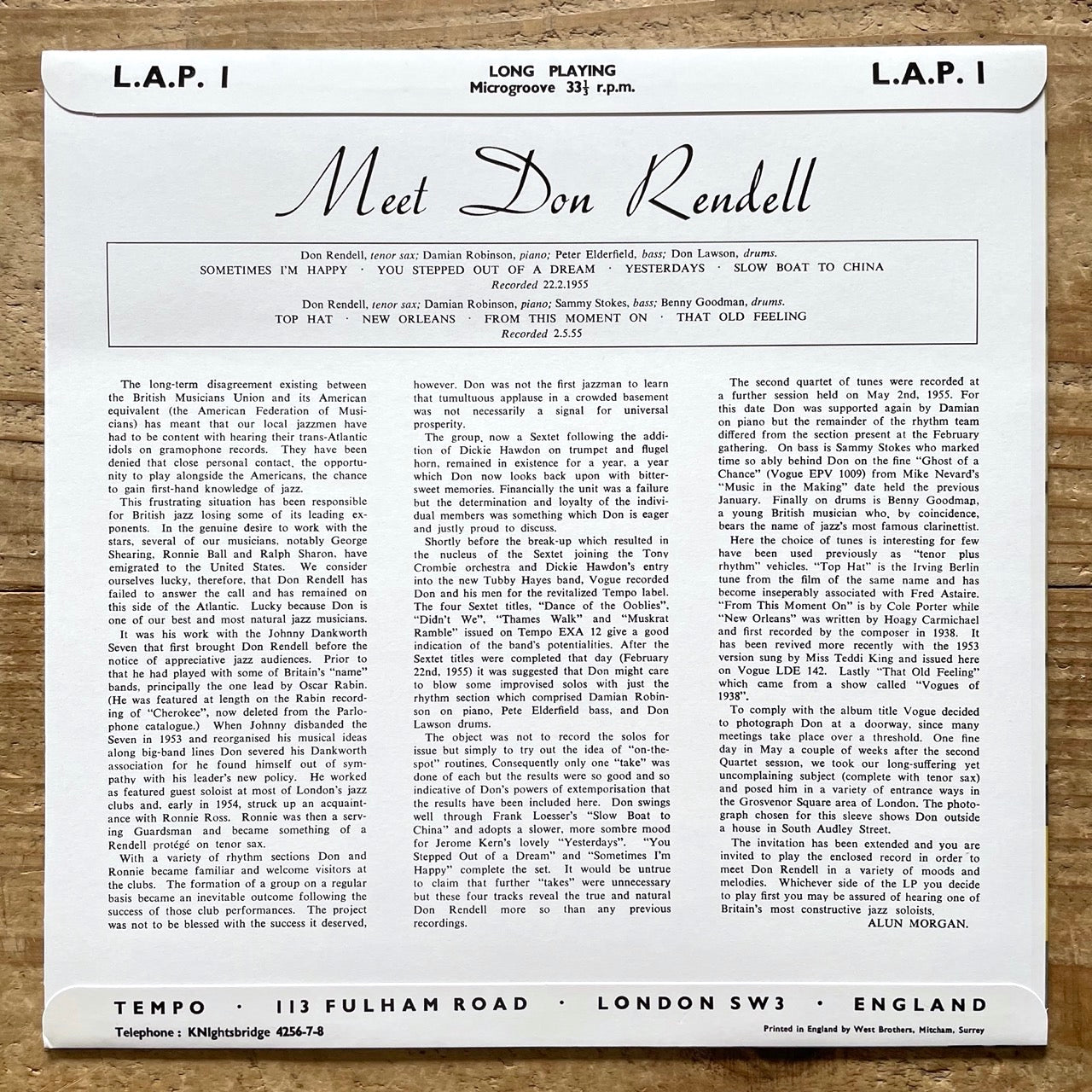 DON RENDELL QUARTET / MEET DON RENDELL on UK Tempo 10" - Japan Sawano reissue NM