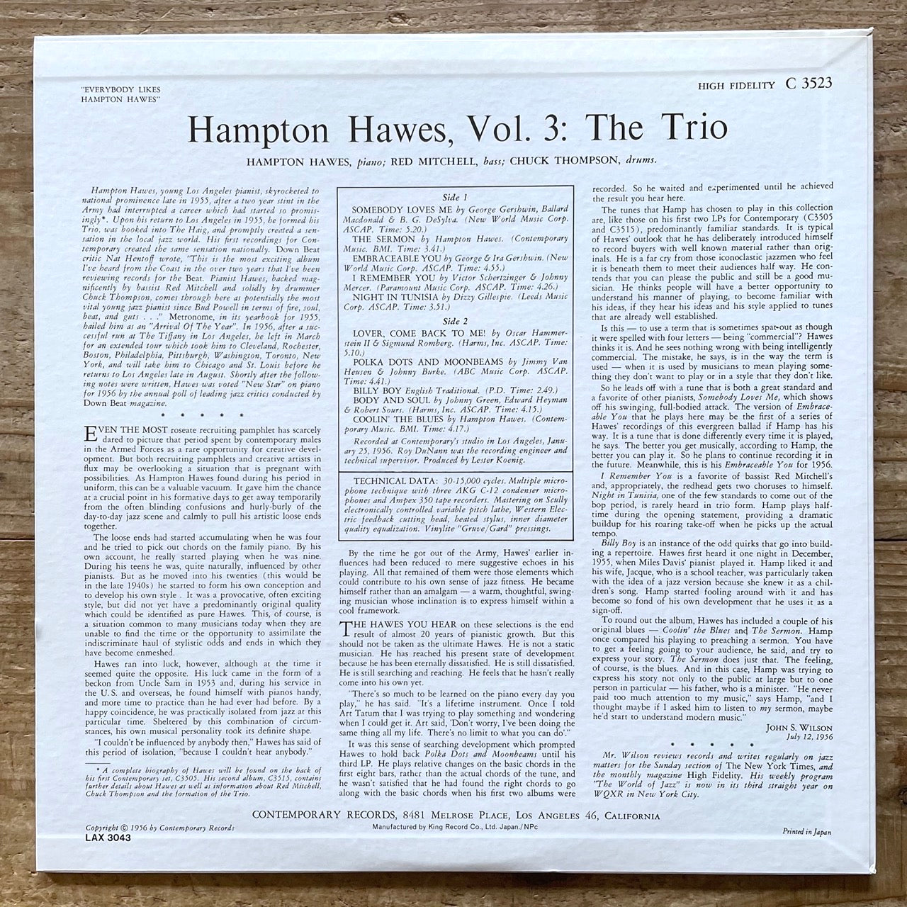 HAMPTON HAWES / VOL.3 THE TRIO EVERYBODY LIKES on Contemporary - Japan King LP NM LAX-3043