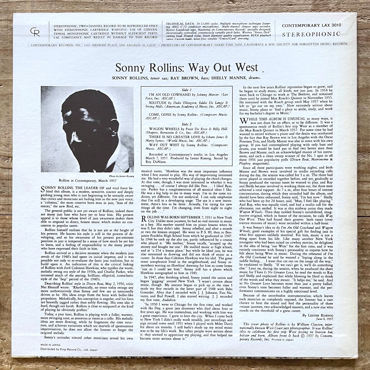 SONNY ROLLINS / WAY OUT WEST on Contemporary - Japan King LP LAX-3010