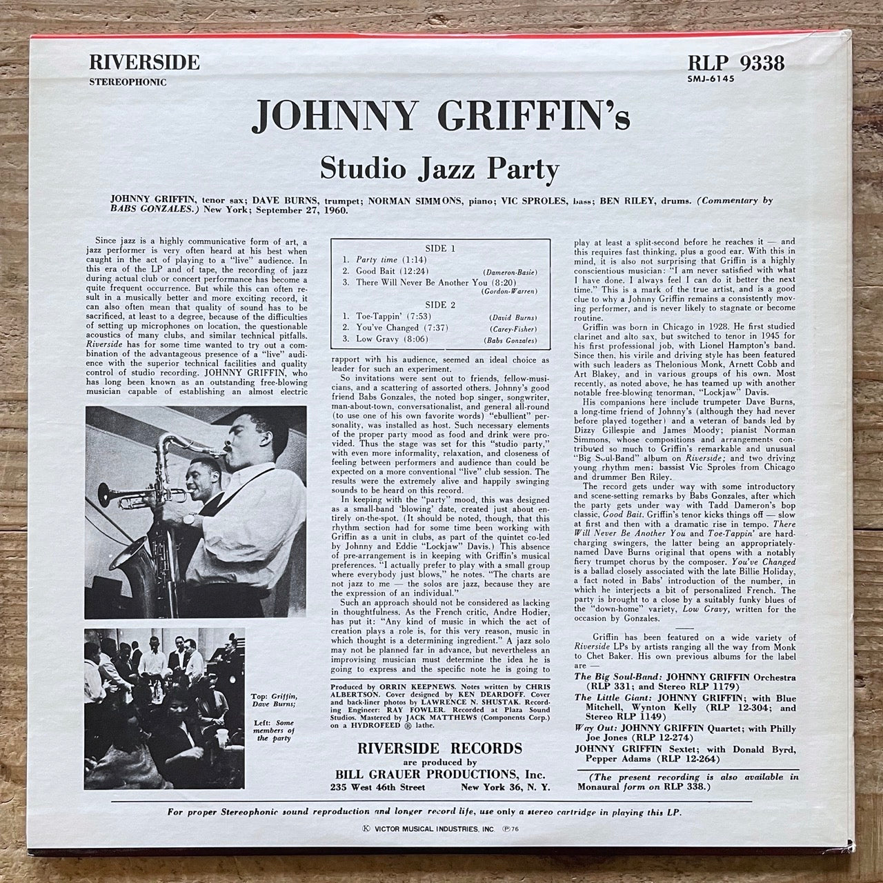 JOHNNY GRIFFIN / STUDIO JAZZ PARTY on Riverside - Japan LP SMJ-6145