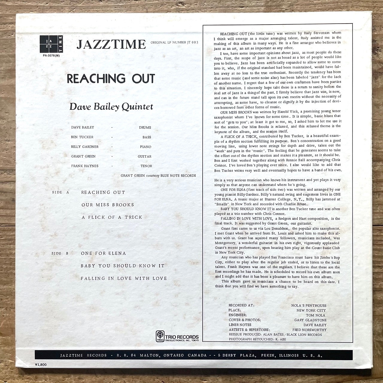 DAVE BAILEY QUINTET / REACHING OUT on Jazz Time - Japan LP PA-3078 Grant Green