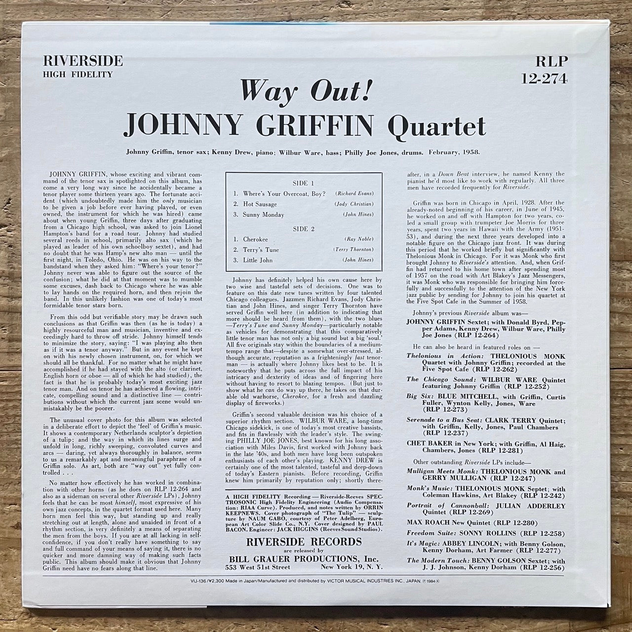 JOHNNY GRIFFIN QUARTET / WAY OUT on Riverside - Japan MONO LP NM VIJ-136