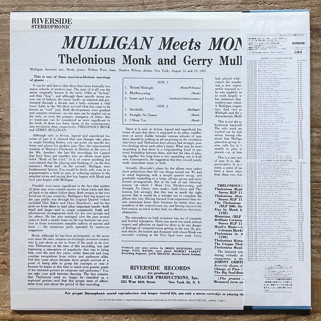 GERRY MULLIGAN MEETS THELONIOUS MONK on Riverside - Japan LP NM VIJ-139 obi