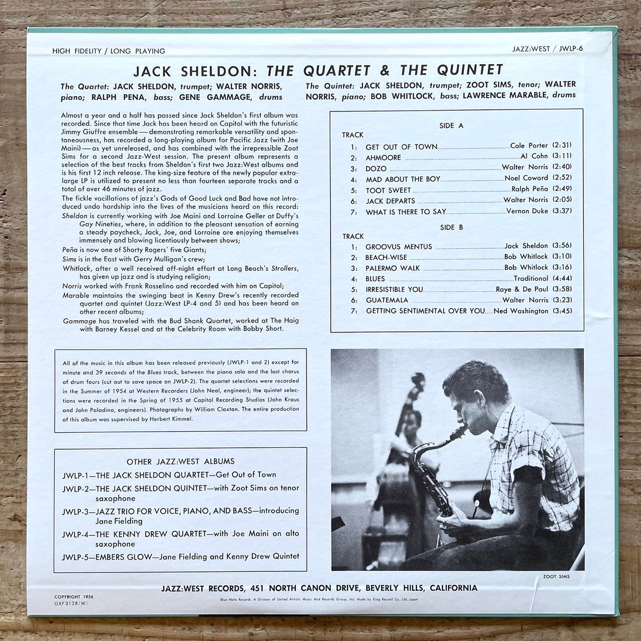 JACK SHELDON THE QUARTET & THE QUINTET on JAZZ:WEST - Japan King LP NM GXF-3128