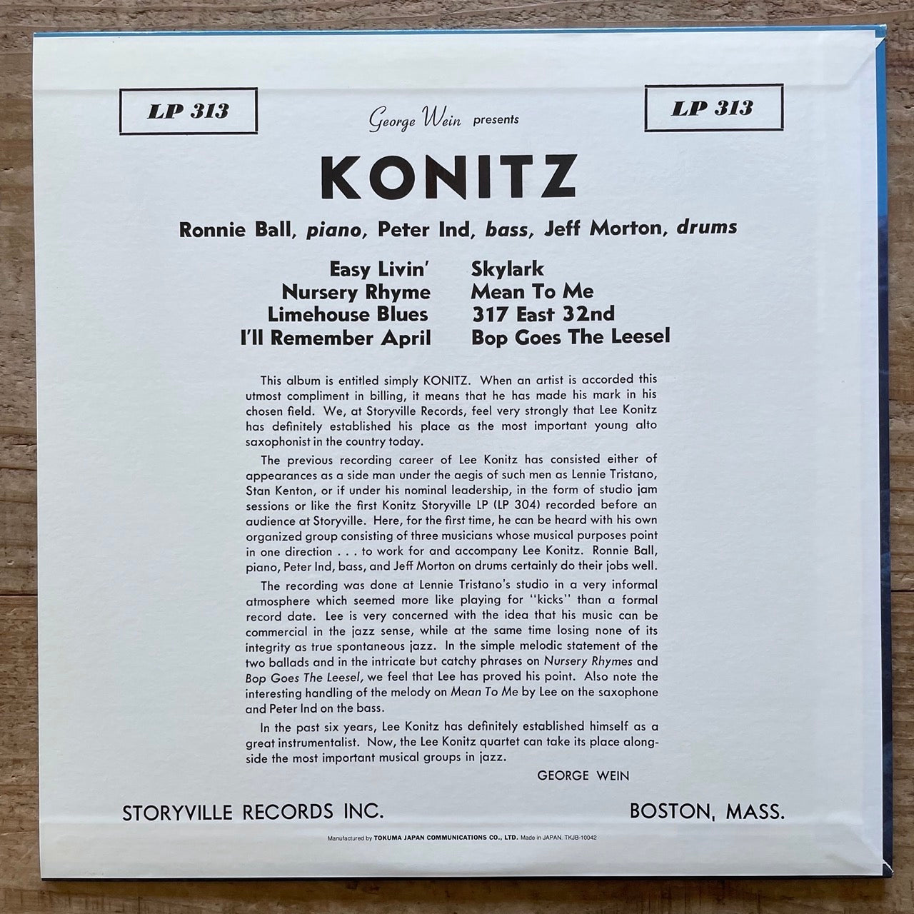 LEE KONITZ / KONITZ on Storyville LP 313 - Japan 10" NM TKJB-10042 Burt Goldblatt cover