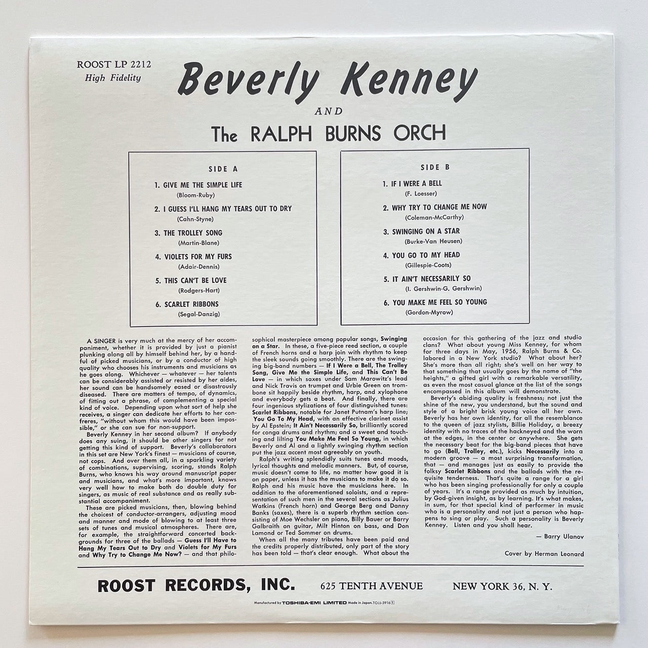 BEVERLY KENNEY / COME SWING WITH ME on Roost - Japan LP NM