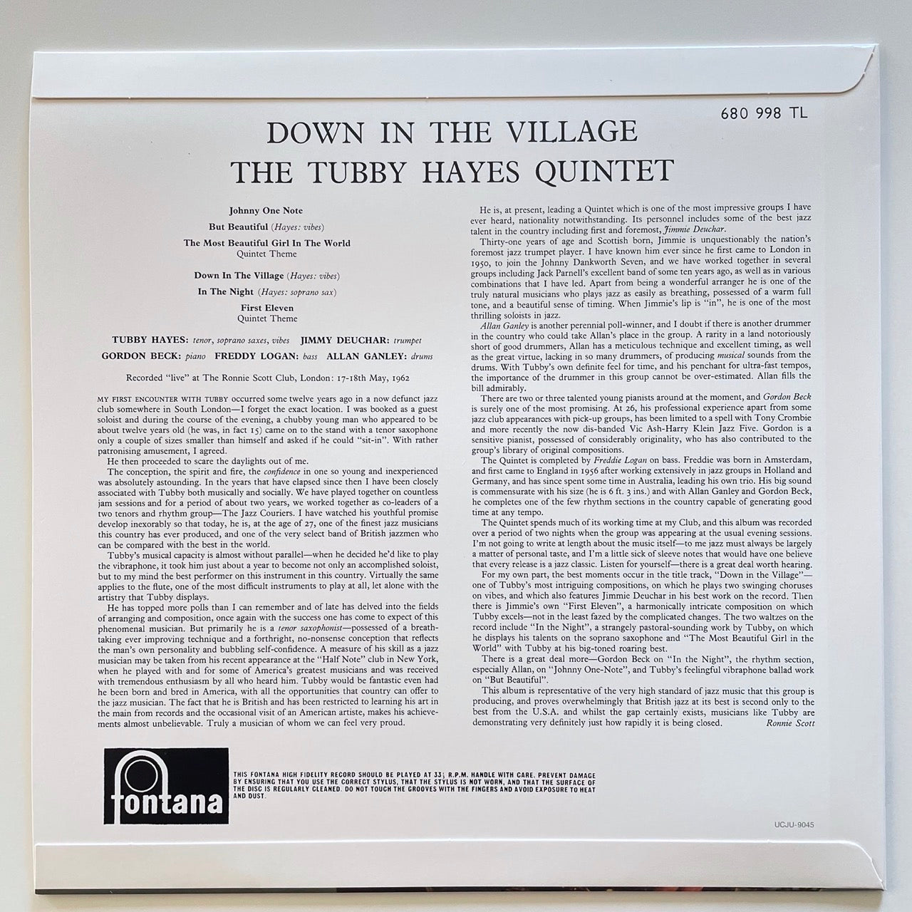 TUBBY HAYES / DOWN IN THE VILLAGE on UK Fontana - Japan Heavy Vinyl NM