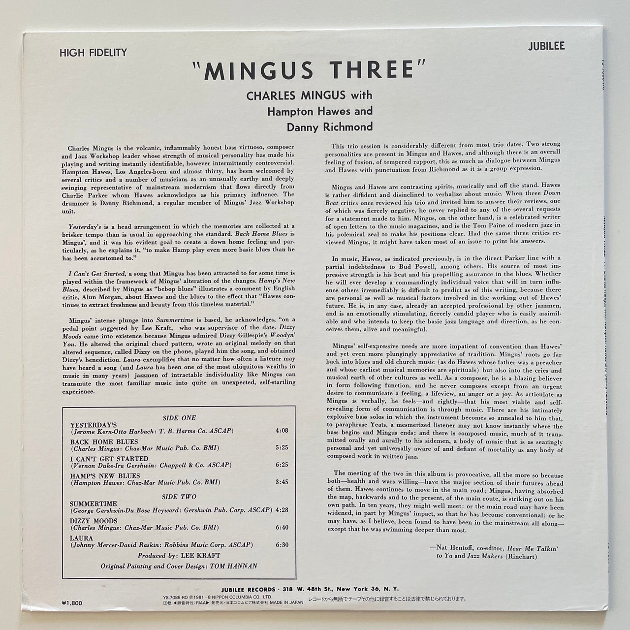 CHARLES MINGUS / TRIO with HAMPTON HAWES, DANNY RICHMOND on Jubilee - Japan MONO LP