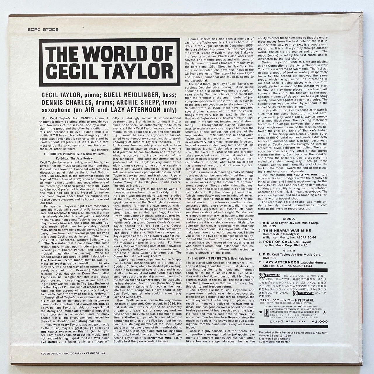 CECIL TAYLOR / THE WORLD OF.. - Japan Candid LP NM Archie Shepp