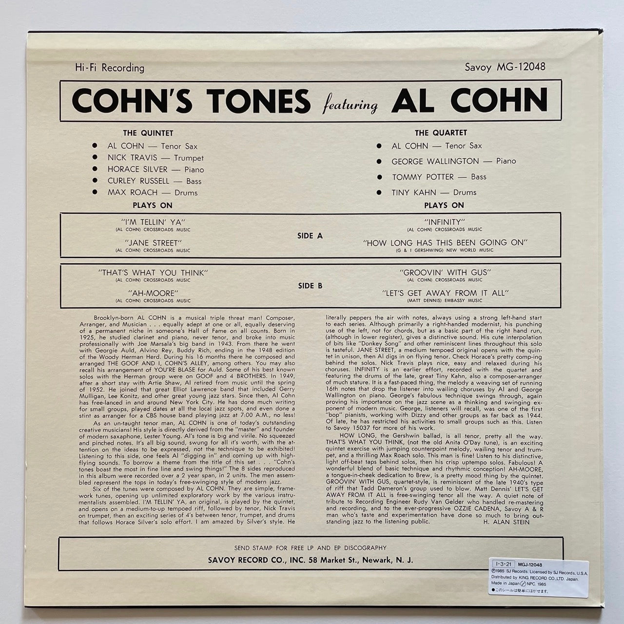 AL COHN / COHN'S TONES - Japan Savoy LP NM