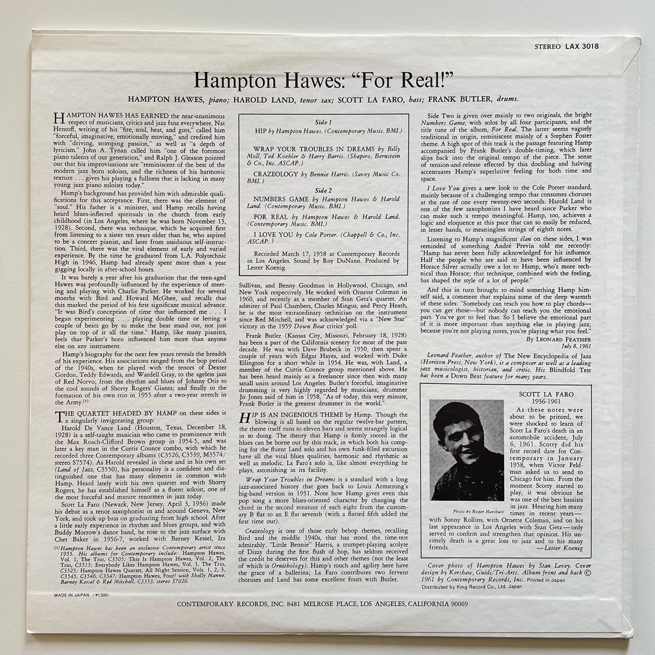 HAMPTON HAWES / FOR REAL - Japan Contemporary King LP Scott La Faro LAX-3018