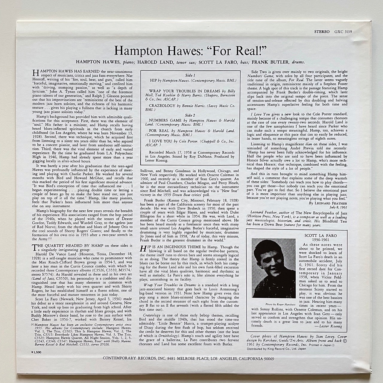 HAMPTON HAWES / FOR REAL - Japan Contemporary King LP Scott La Faro GXC-3159